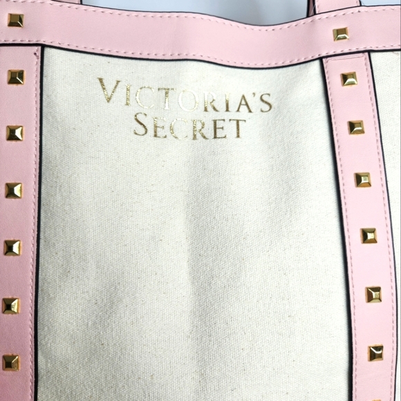 VICTORIA'S SECRET NWT CANVAS TOTE  pink trim and handles with gold tone … - Picture 3 of 8